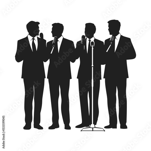Silhouette of a male vocal quartet singing in suits.