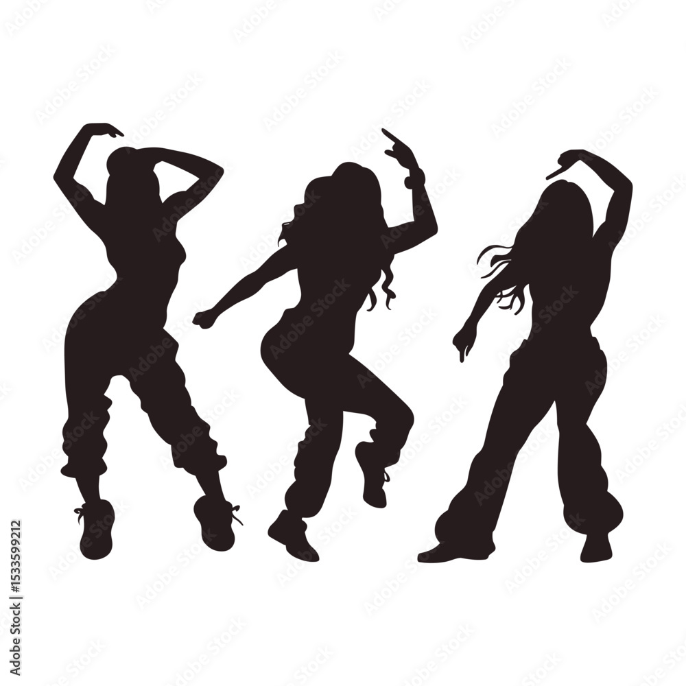 Fototapeta premium Silhouette of female hip-hop dancers in energetic poses.