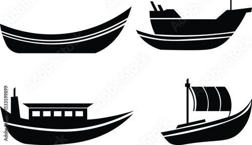 Unique-boat-icons, Vector Illustration of Diverse Traditional Boats