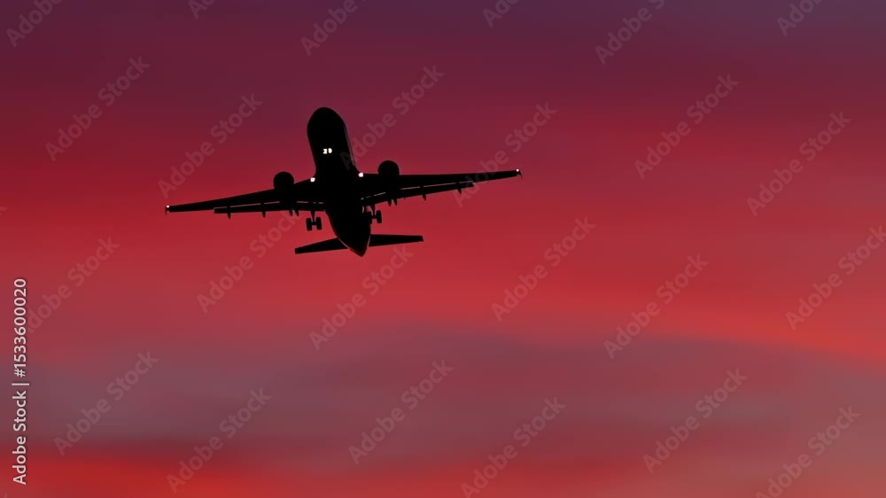 Airplane Silhouette Ascending Against a Vibrant Sunset Sky Airplane Silhouette Ascending Against a Vibrant Sunset Sky