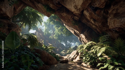 Tropical Plants with Geometric Cave.

