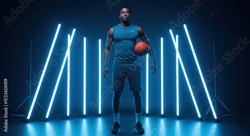 Energetic portrait of a young African American basketball player standing in a dark studio illuminated by vertical blue neon lights, holding a basketball.
