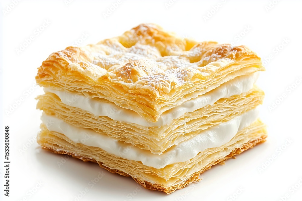 Fototapeta premium Delicious mille-feuille made of layered puff pastry with cream icing, set against a clean white background, showcasing its delightful texture and sweet appeal