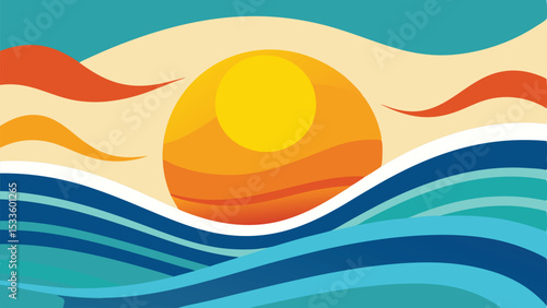 Abstract illustration depicting sun waves and landscape evoking a sense of calmness and serenity