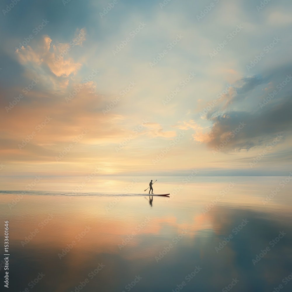 Obraz premium Serene Sunset Paddleboarding View Over Calm Waters at Dusk