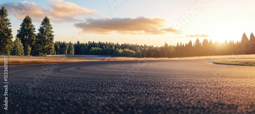 Empty asphalt race track at sunset. Lush forest lines the edge of the track