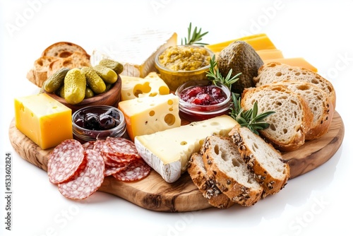 Gourmet ploughmans lunch featuring assorted cheeses, breads, pickles, and chutney on a wooden board isolated on white background