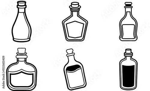Black and White Line Art of Six Unique Potion or Liquor Bottles Outline Illustration