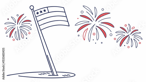 Illustration of american flag with stars and stripes accompanied by fireworks in a celebratory scene