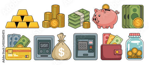 Cartoon illustrations of various ways to save money