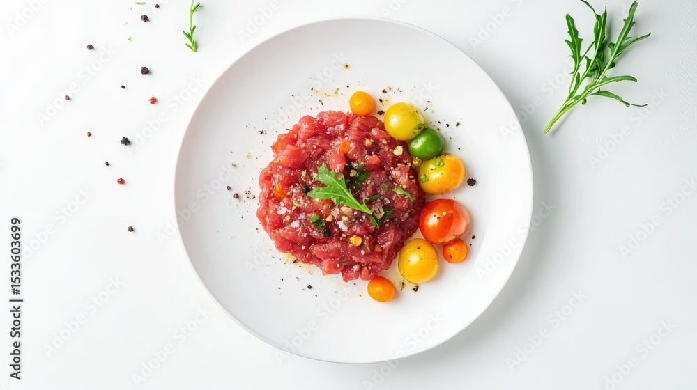 Minimalist food layout featuring beef tartare with tasty vegetables on the side, viewed from the top for editorial concept Minimalist food layout featuring beef tartare with tasty vegetables on the side, viewed from the top for editorial concept