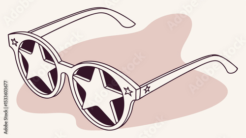 Illustration of star shaped sunglasses with a shadow cast on a light pink background surface area view