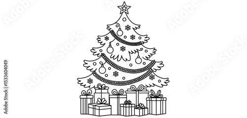Christmas tree with presents line art illustration