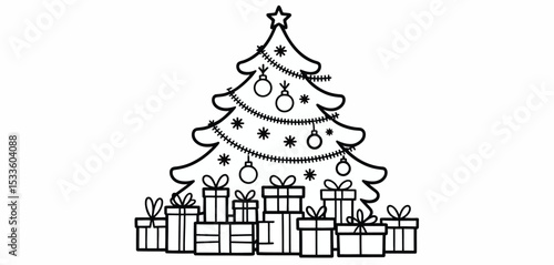 Christmas tree with presents line art illustration