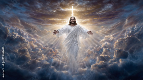 Jesus Christ in brilliant white robes emerging from a glowing sky, arms open wide in welcome, with a golden cross in the clouds above. The scene represents heavenly love, eternal l