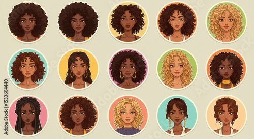 Set of diverse young women's cartoon portraits with various curly and textured hairstyles, presented as circular avatars on colorful backgrounds.