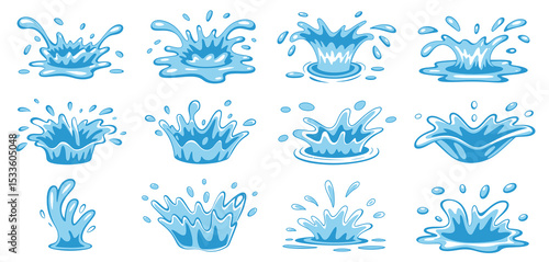 Cartoon water splashes collection blue liquid