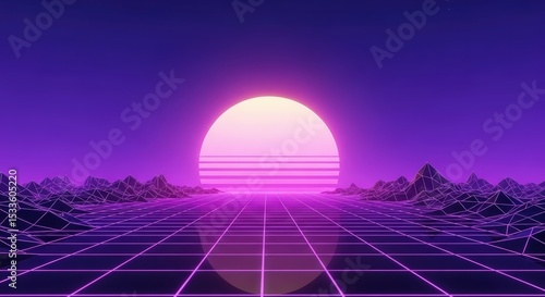 Sunset Over Wireframe Landscape, Synthwave