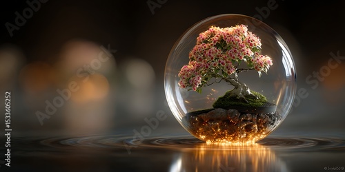 Enclosed Bonsai Artistic Glass Sphere with Pink Blossom Tree Illuminated Base