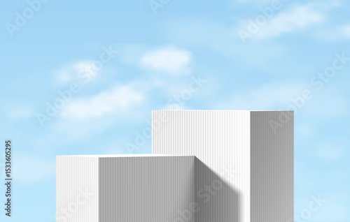 White 3D cubes box podium background with blue sky scene in summer style. Minimalist studio mockup pedestal. Abstract stand product display presentation, Stage for showcase. Vector platform design.