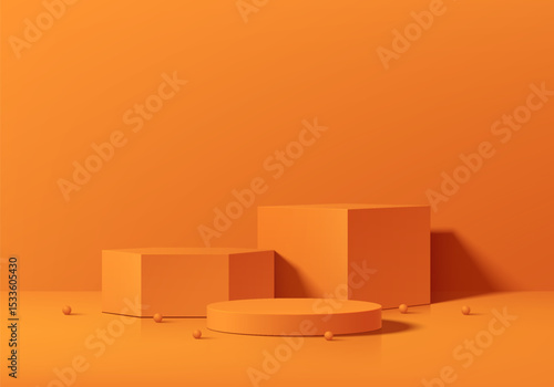 Orange 3D cylindrical podium background with cube and hexagon pedestal. Minimalist mockup. Abstract stand product display wall scene presentation, Stage for showcase. Vector geometric platforms design