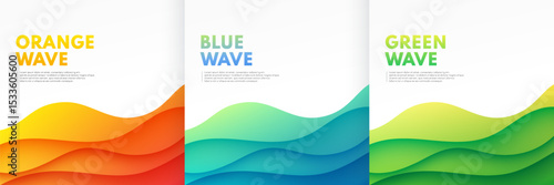 Set of yellow, blue and green wavy curve lines layers on white background. Abstract vibrant color banner design. Design for banner, cover, web, flyer, card, poster, wallpaper. Vector illustration.