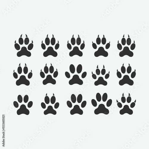 A clean collection of 12 dark gray paw print vector silhouettes in grid format. Perfect for icons, pet graphics, animal ID, or symbolic designs. Simple, illustrative, and high-contrast.