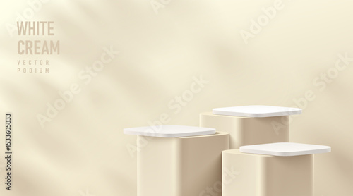 Realistic 3D round corner cube stand podium set in cream color scene. Vector abstract geometric platforms design. Wall minimalist scene cosmetic products stage for showcase, Banner promotion display.