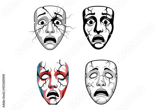Cracked mask illustration conveying fear with abstract emotional metaphor in a stylized form