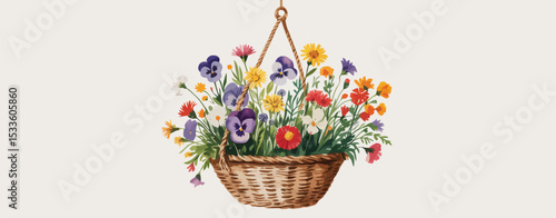 Hanging basket of colorful spring flowers