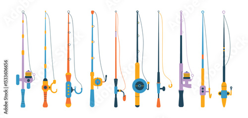 Collection of colorful fishing rods and reels
