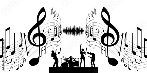 Melody music wave with staff, treble and notes