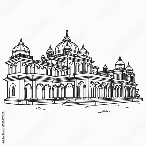 Mysore Palace Karnataka Line Art Illustration, Detailed Black and White Drawing of Famous Indian Royal Palace with Domes, Towers, Arches and Ornate Indo-Saracenic Architecture