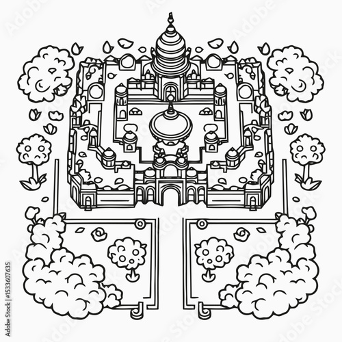 Mysore Palace Karnataka Line Art Illustration, Detailed Black and White Drawing of Famous Indian Royal Palace with Domes, Towers, Arches and Ornate Indo-Saracenic Architecture