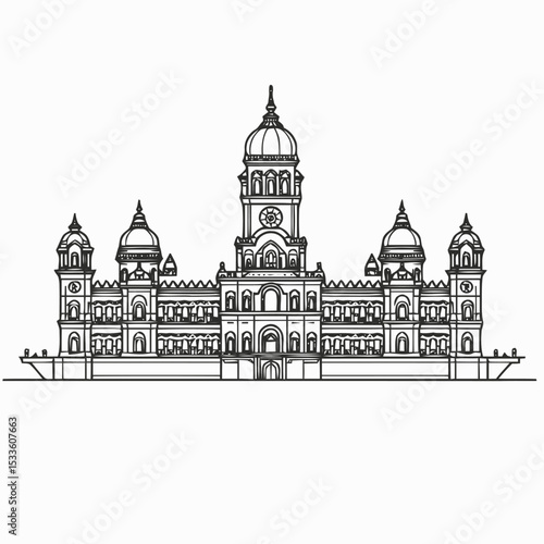 Mysore Palace Karnataka Line Art Illustration, Detailed Black and White Drawing of Famous Indian Royal Palace with Domes, Towers, Arches and Ornate Indo-Saracenic Architecture