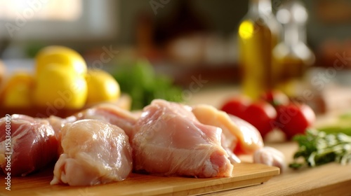 Raw chicken on wooden cutting board with fresh herbs and kitchen tools, food preparation and cooking safety concept for culinary and restaurant industry.