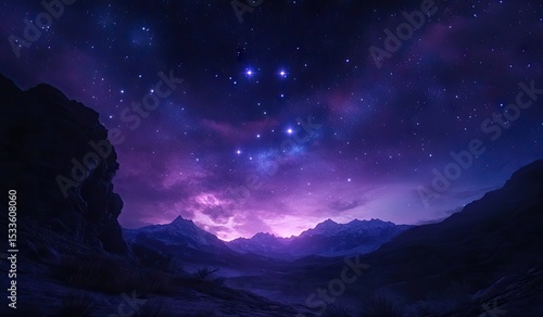 Night sky over a mountain range.  Vast, star-studded night, purple hues, jagged peaks
