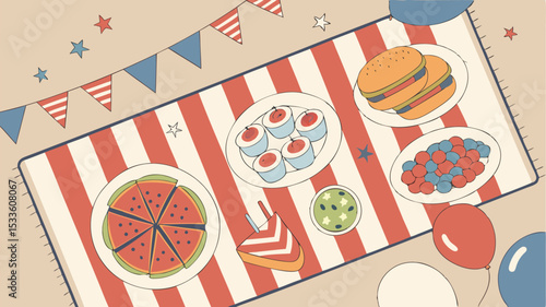 Overhead view of a picnic blanket with food, balloons, and patriotic decorations for celebration