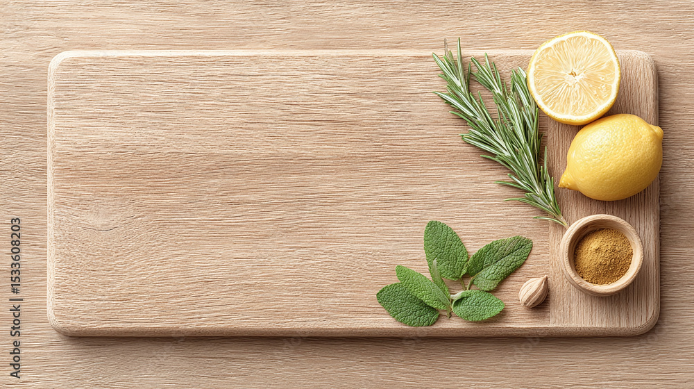 Fresh Herbs and Citrus on Wooden Cutting Board Fresh Herbs and Citrus on Wooden Cutting Board