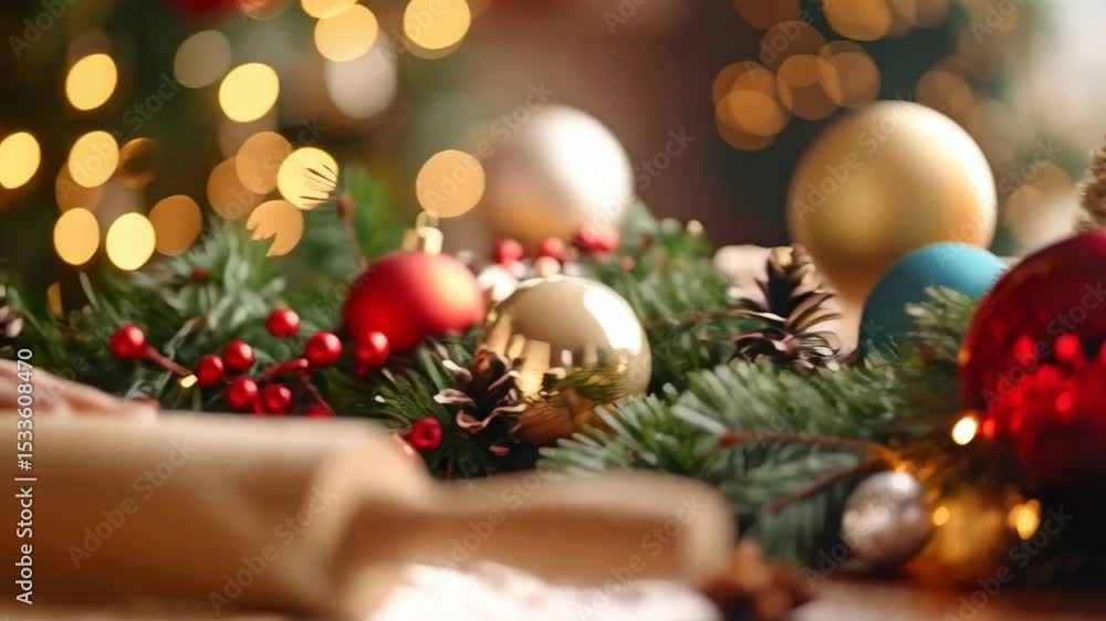 Person rolls dough with rolling pin near Christmas tree with lights and holiday ornaments, preparing festive baked goods. Person rolls dough with rolling pin near Christmas tree with lights and holiday ornaments, preparing festive baked goods.