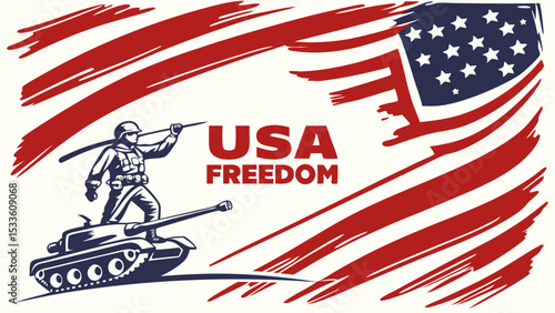 Illustration depicting a soldier on a tank with usa and freedom text and american flag elements in the background