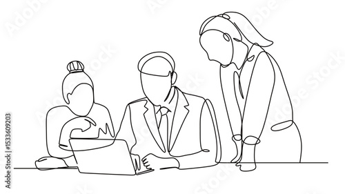 art of a continuous line of a group of work teams having a meeting and working in front of a laptop. vector illustration with a white background