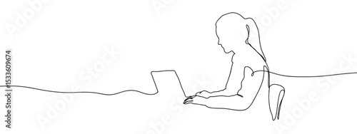 Continuous line. Female person is using laptop. Vector lines, cut background, editable strokes.