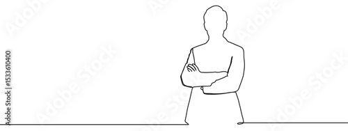 Continuous line, business person standing with arms crossed, executive Vector lines, cut background, editable strokes.