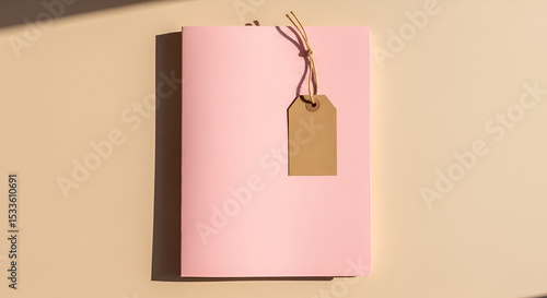 A pink book with a brown tag hanging from it against a beige background in soft natural light