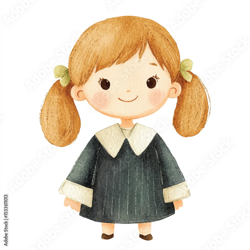 Adorable Watercolor Illustration of a Young Girl with Pigtails and a Dress
