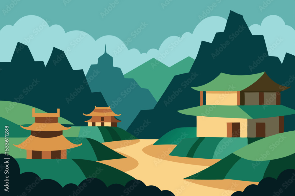 Serene Asian Landscape Mountains, Temples, and Tranquil Pathways Serene Asian Landscape Mountains, Temples, and Tranquil Pathways