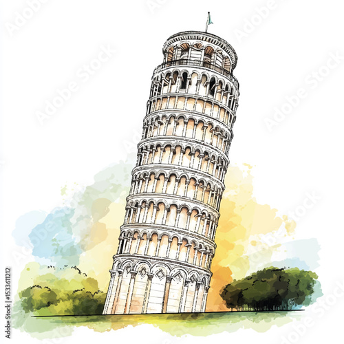 Artistic Illustration of the Leaning Tower of Pisa with Watercolor Effects