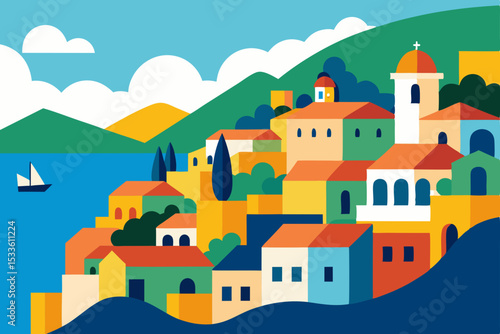 Vibrant Coastal Village A Mediterranean Escape Illustration