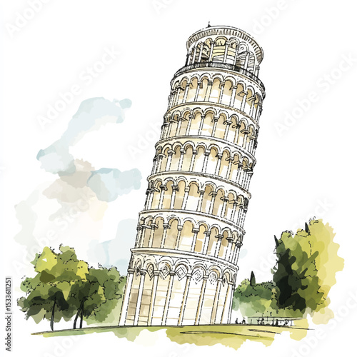 Artistic Watercolor Depiction of the Leaning Tower of Pisa with Surrounding Greenery